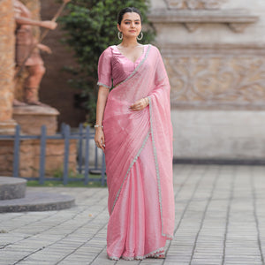 Pink Stonework Tussar Silk Saree