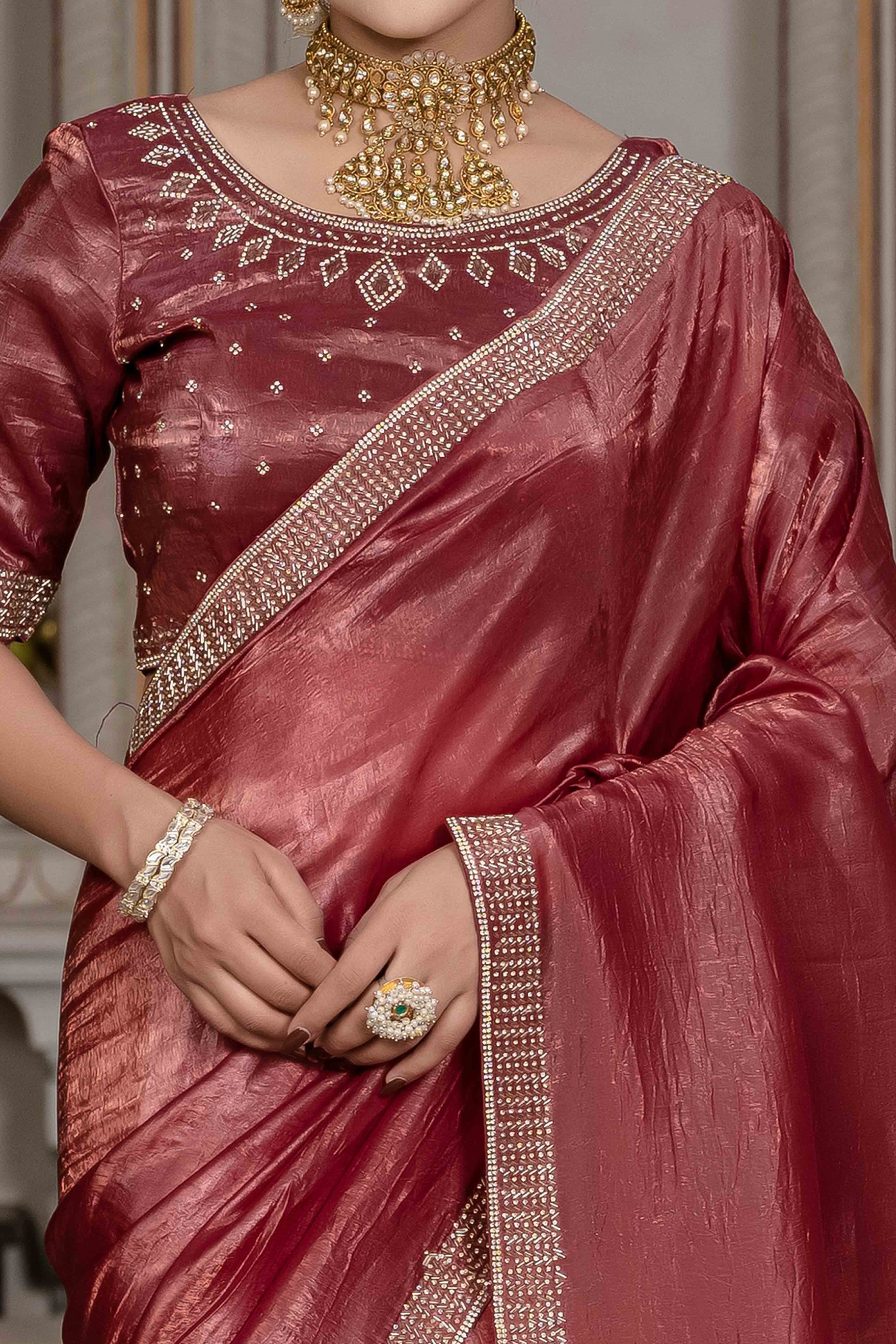 Brick Red Tissue Gold Crush Saree With Exquisite Cutdana & Zarkan Hand Embellishment