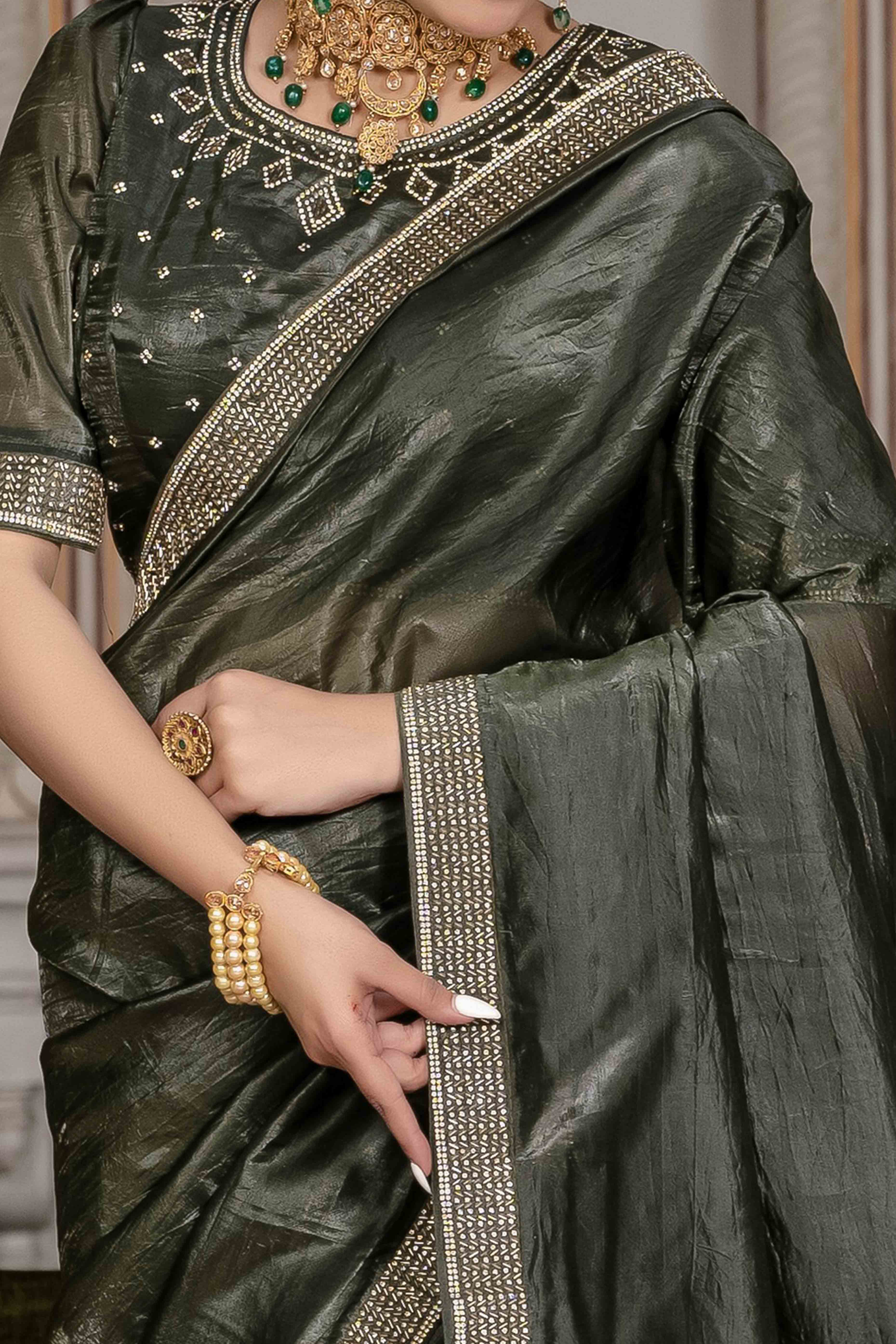 Green Tissue Gold Crush Saree With Exquisite Cutdana & Zarkan Hand Embellishment