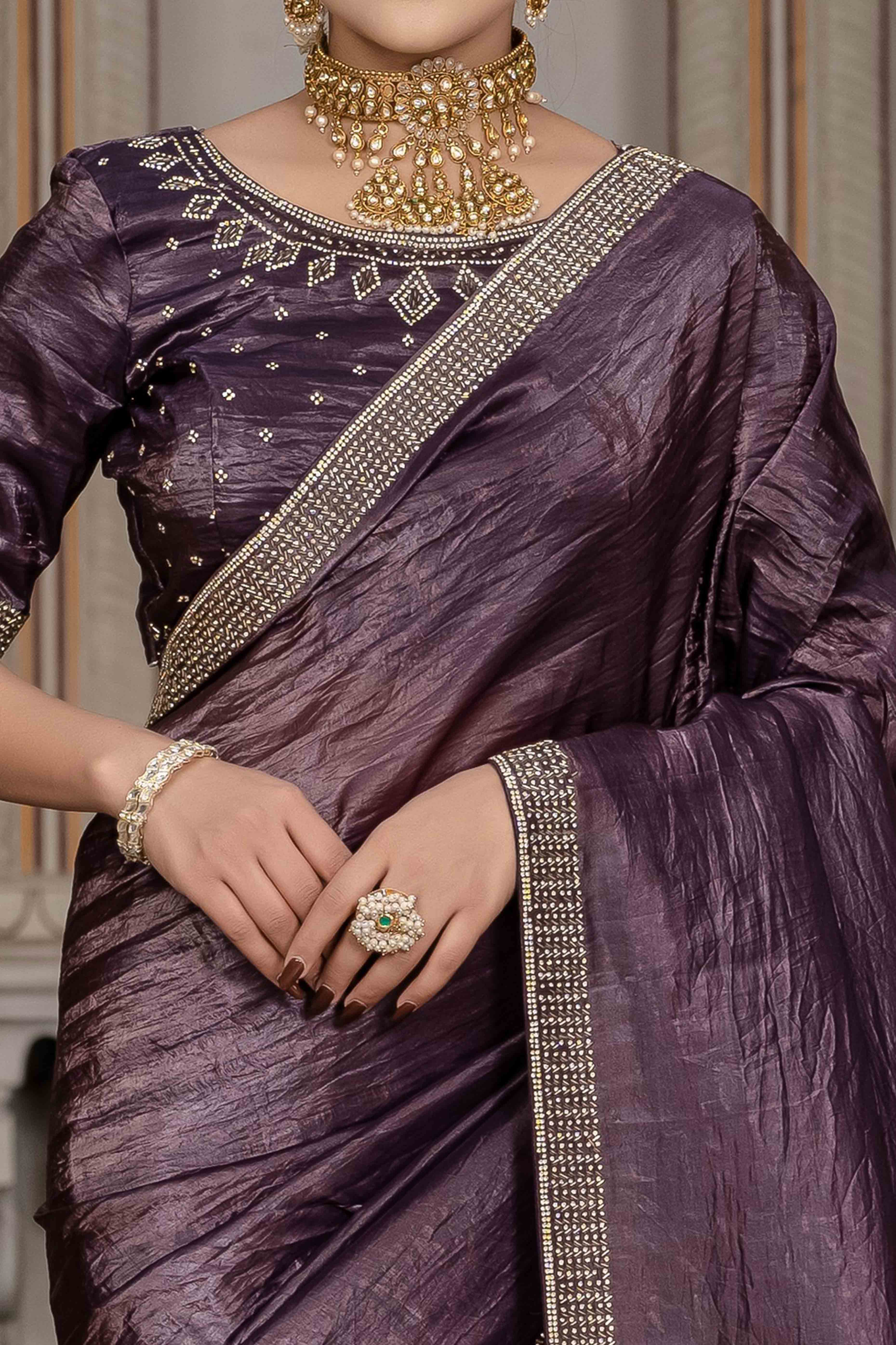 Purple Tissue Gold Crush Saree With Exquisite Cutdana & Zarkan Hand Embellishment
