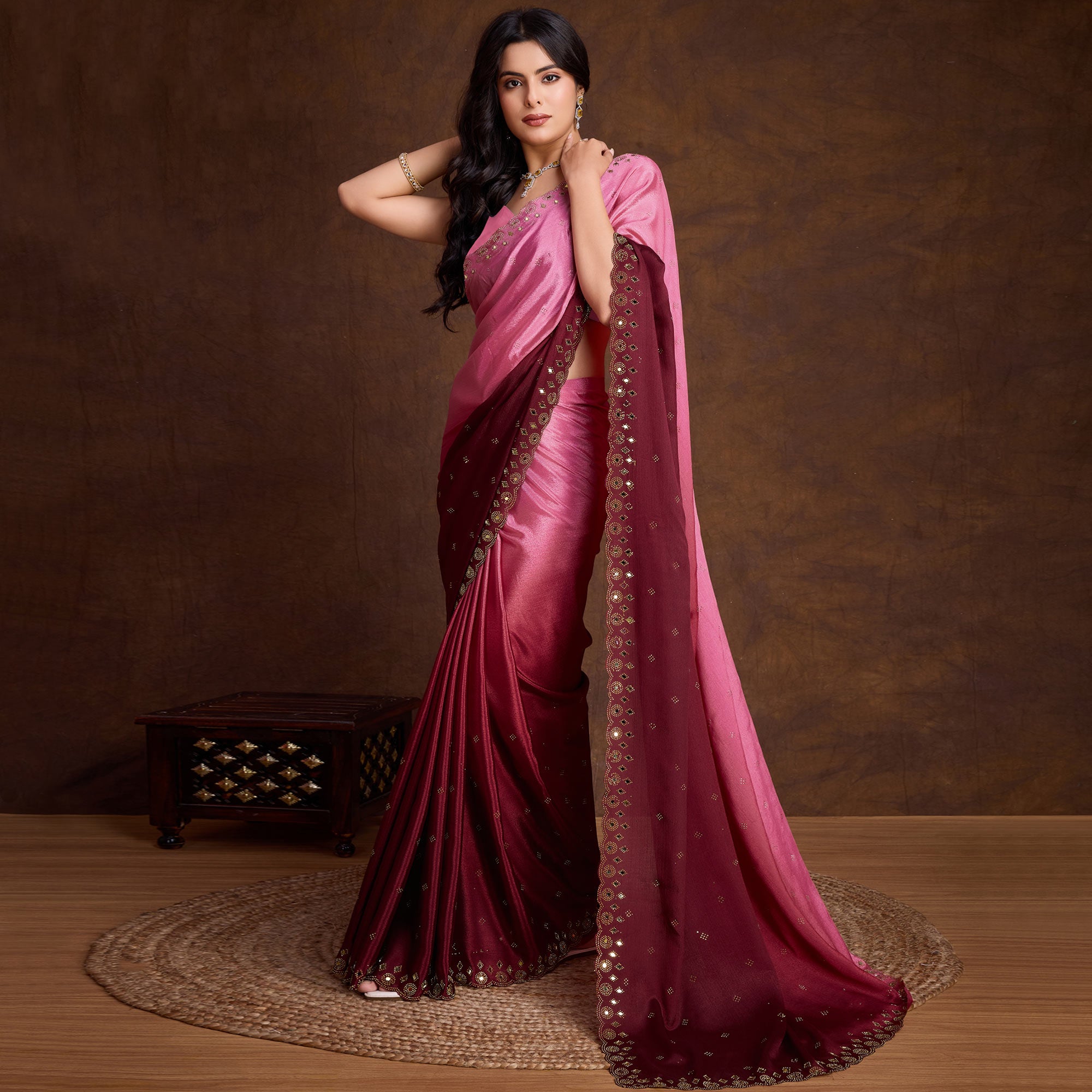 Rose Pink Ombre Chinon Saree With Mirror Border