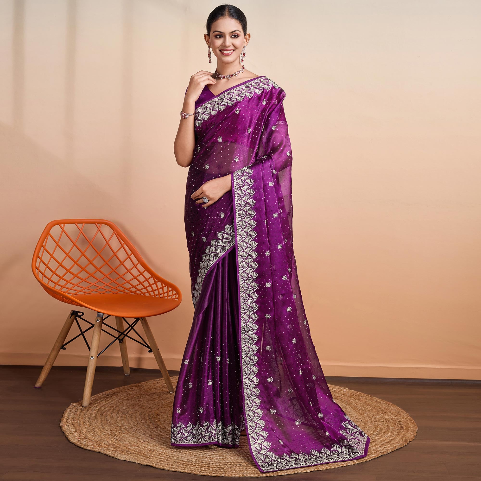 Purple Embroidered Tussar Silk Saree