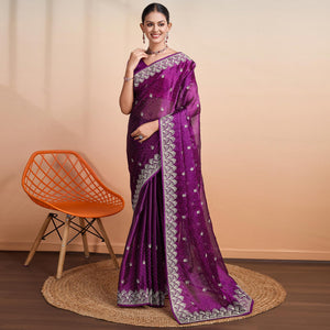 Purple Embroidered Tussar Silk Saree