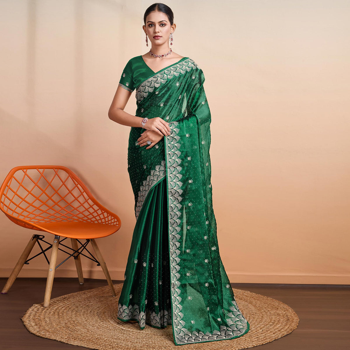 Green Embroidered Tussar Silk Saree - Image 2