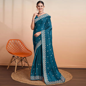 Teal Embroidered Tussar Silk Saree