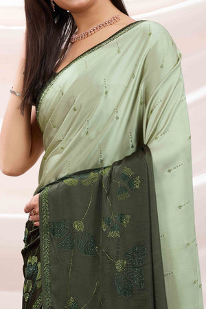 Green Floral Swarovski Work Satin Saree