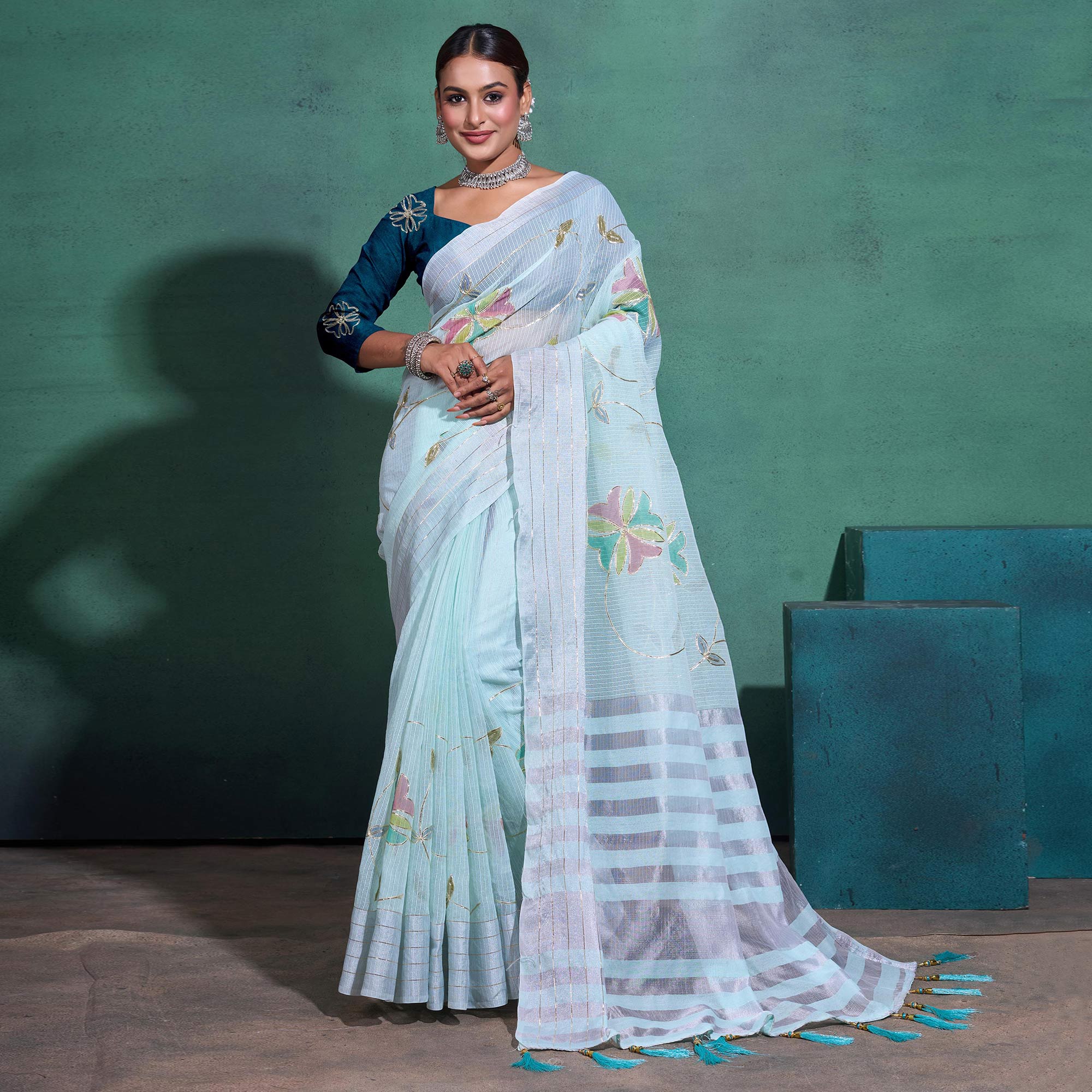Sea Green Gota patti Embroidered Linen Saree With Tassels