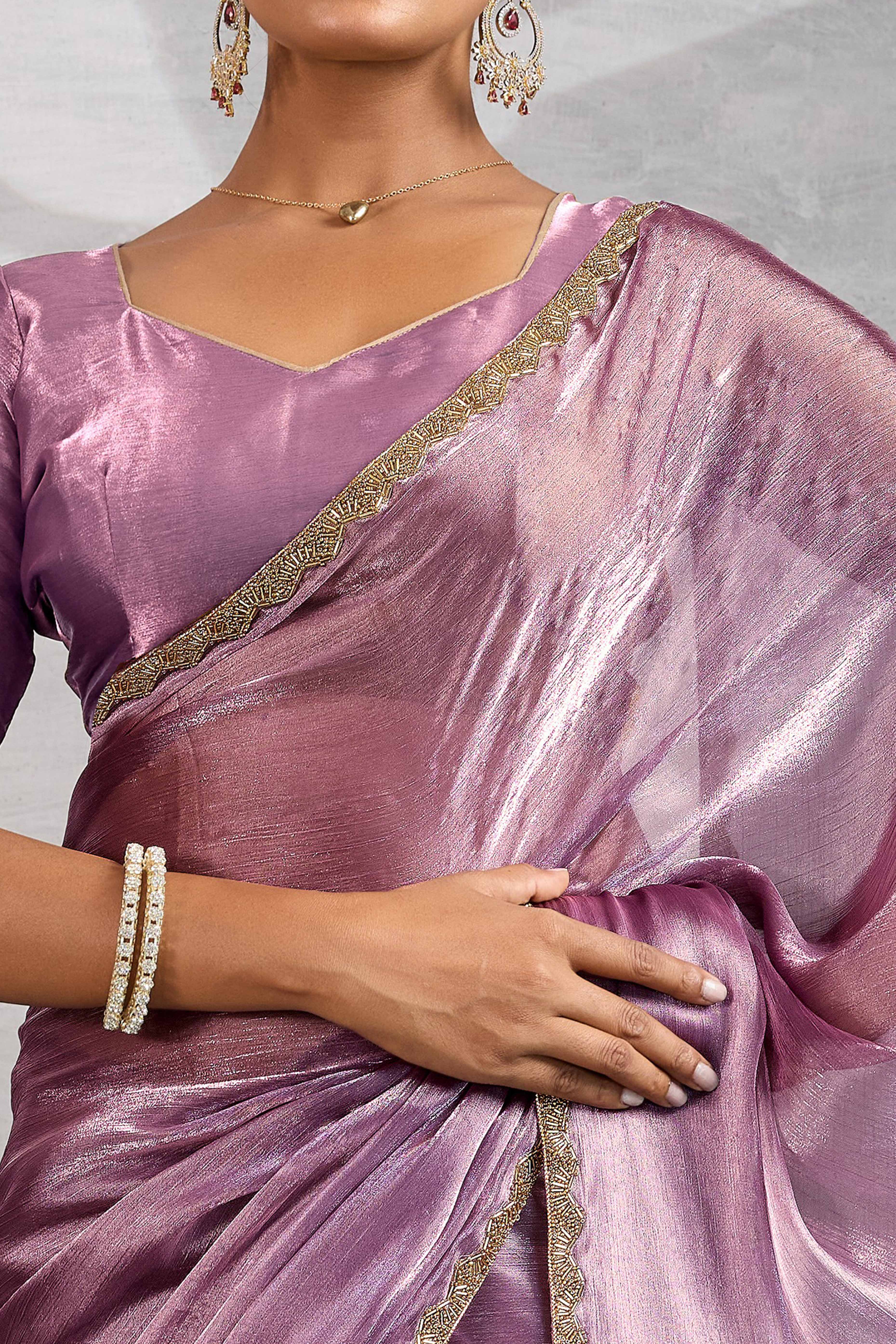 Solid Lilac Purple Chiffon Saree Featuring Beads Embellished Border