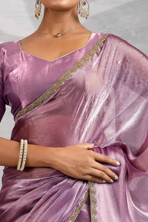 Solid Lilac Purple Chiffon Saree Featuring Beads Embellished Border