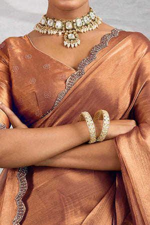 Rust Burberry Chiffon Saree Embellished With Zarkan & Cutdana Appliqué Lace Border