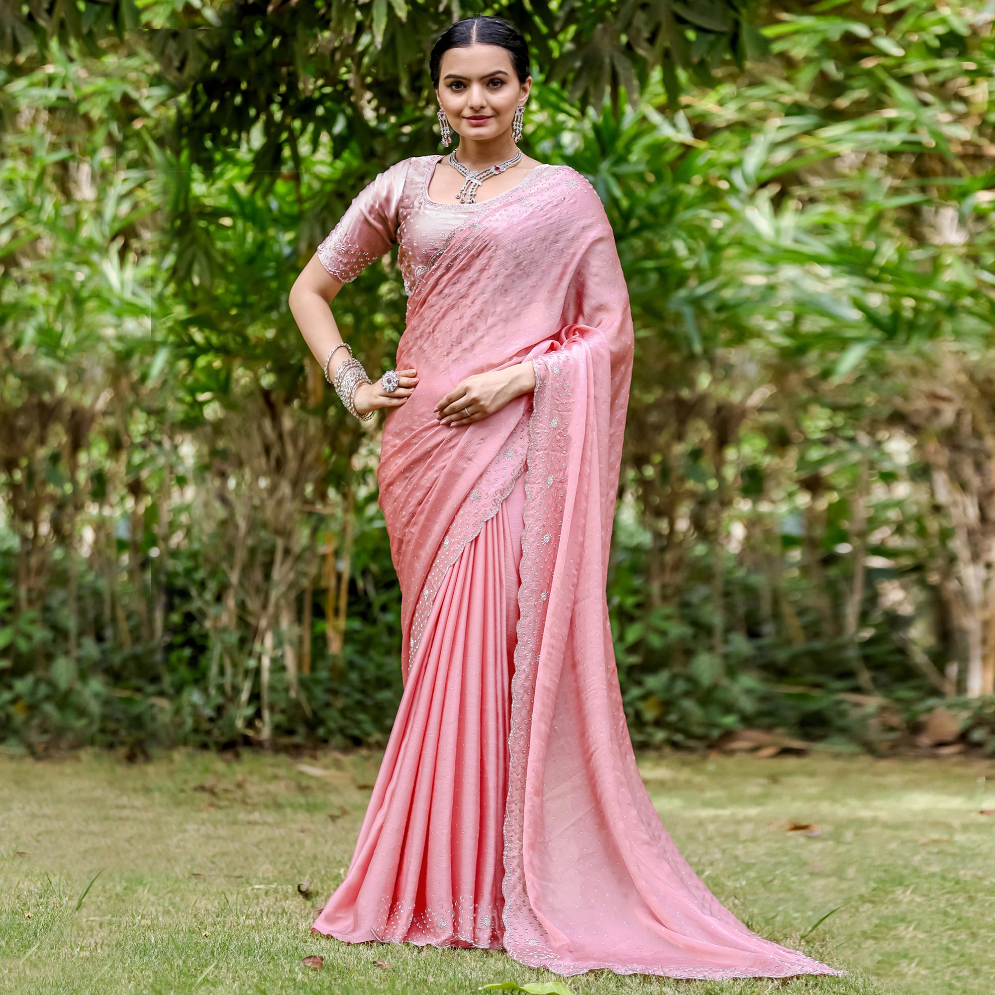 Pink Embellished Satin Saree With Stones Work