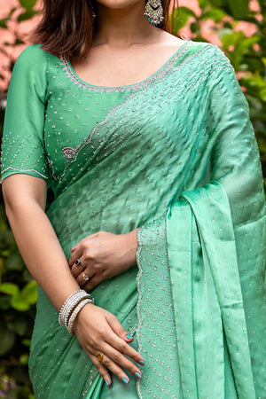 Ethereal Mint Green Satin Chiffon Saree with Handcrafted Sequin & Bead Detailing