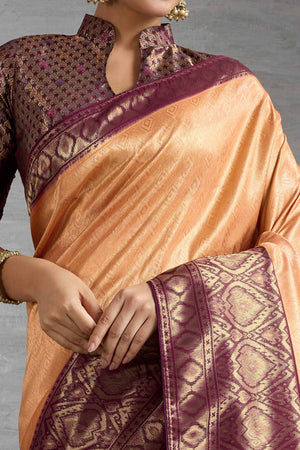 Peach Kanjivaram Silk Saree With Traditional Kadiyal Style Zari Weaving & Meenakari Pallu