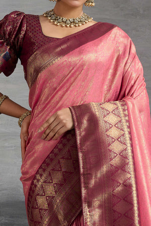 Pink Silk Kanjivaram Silk Saree Enhanced With Meenakari Weaving Borders