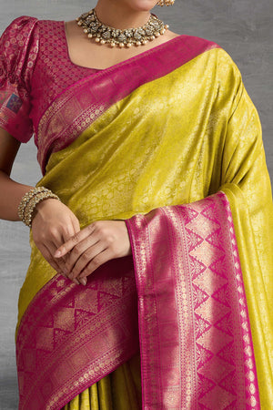 Lime Yellow Silk Kanjivaram Silk Saree Enhanced With Meenakari Weaving Borders