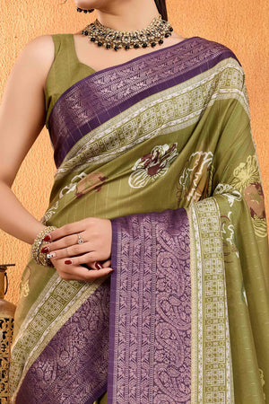 Green Floral Printed Crepe Saree With Rich Zari Border