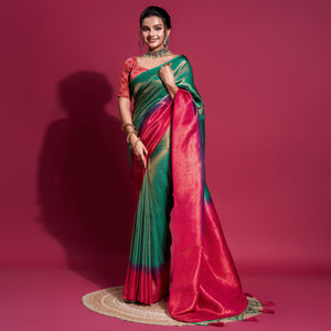 Green & Pink Woven Kanjivaram Silk Saree With Tassels