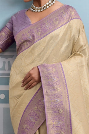Beige Soft Kanjivaram Silk Saree with Classic Zari Weaving for Elegant Styling