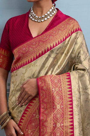 Beige Zari Woven Soft Kanjivaram Silk Saree for Traditional and Special Occasions