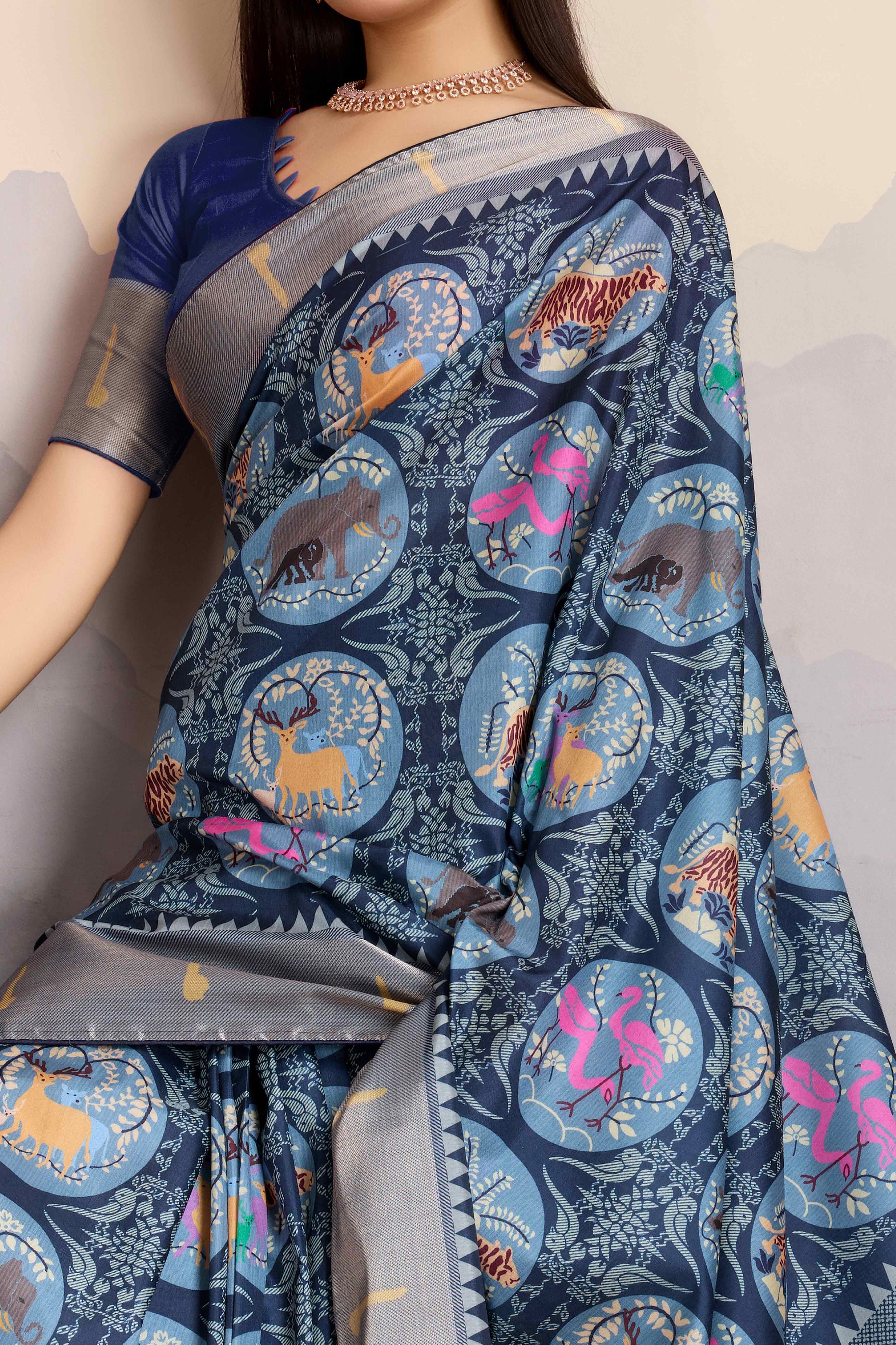 Blue Digital Printed Dola Silk Saree With Exquisite Weaving Zari Border & Opulent Pallu