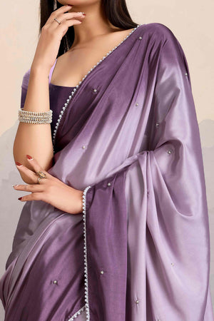 Purple Ombre Satin Saree with Delicate Bead Embellishments