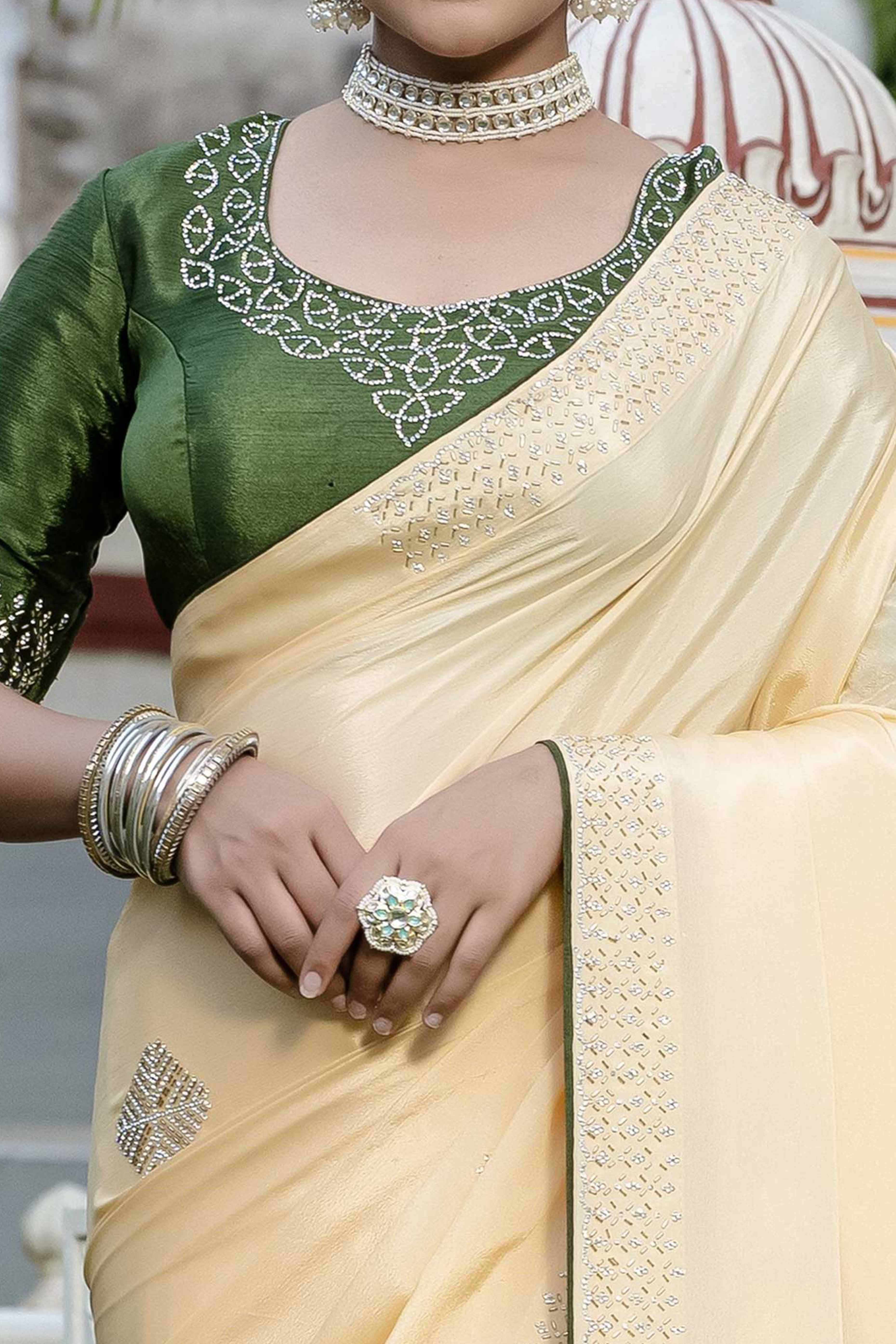 Yellow Chinon Saree Adorned With Scattered Buttas & Intricate Beads & Zarkan Handwork