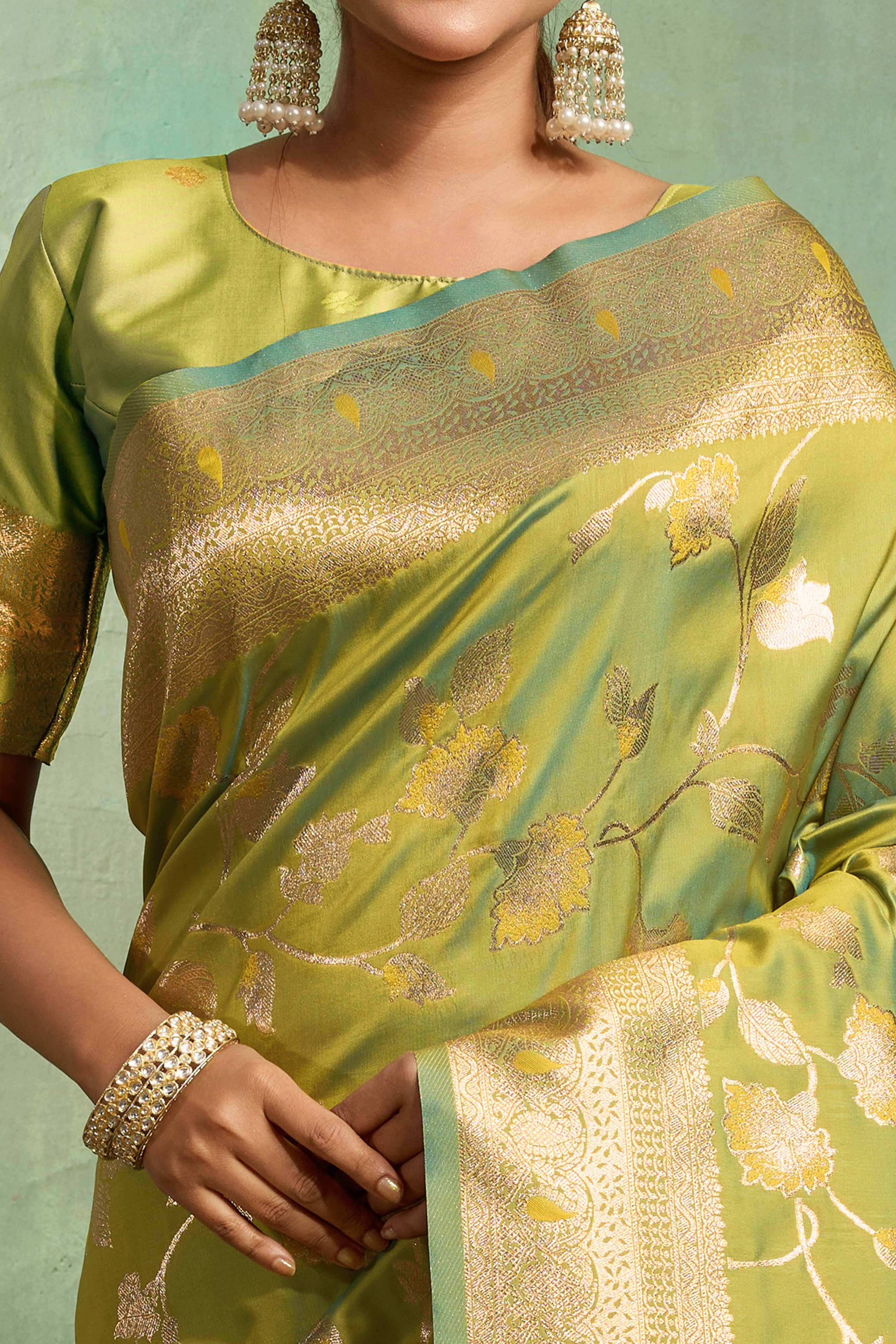 Green Dual Tone Banarasi Silk Saree Accented with Meenakari Weaves
