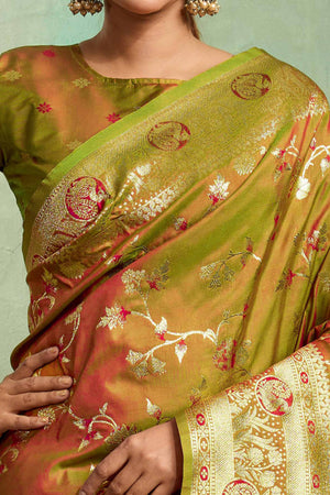 Olive Dual Tone Banarasi Silk Saree Accented with Meenakari Weaves