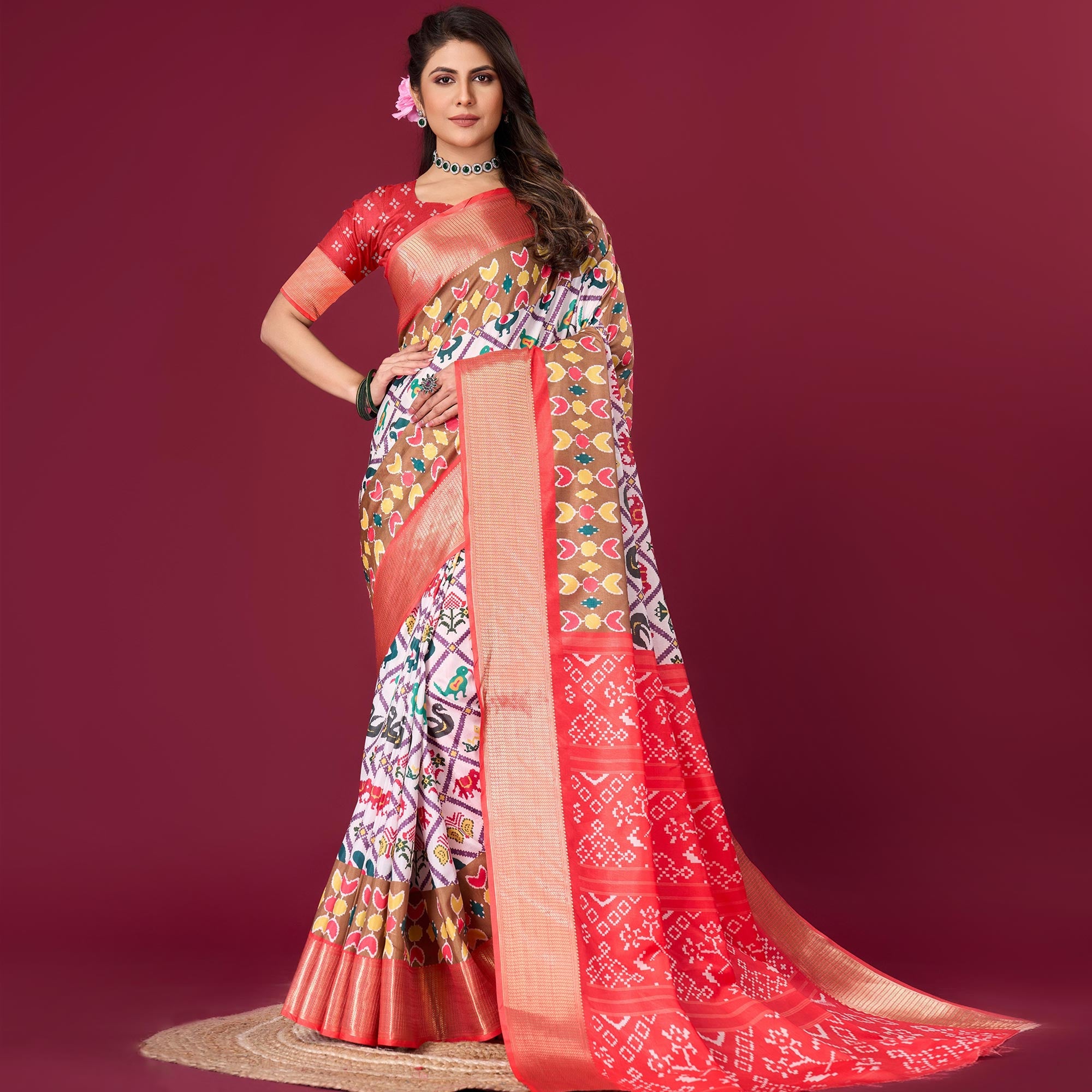 White & Red Digital Patola Printed With Woven Border Dola Silk Saree
