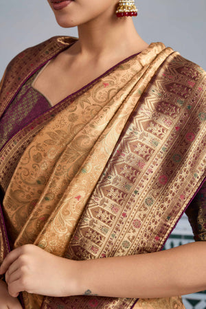 Peach Floral Meenakari Weaving Kanjivaram Silk Saree With Rich Piping & Tassel Pallu