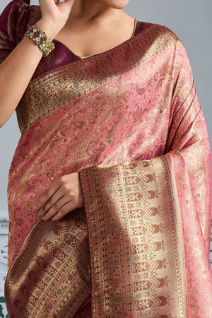 Pink Floral Meenakari Weaving Kanjivaram Silk Saree With Rich Piping & Tassel Pallu