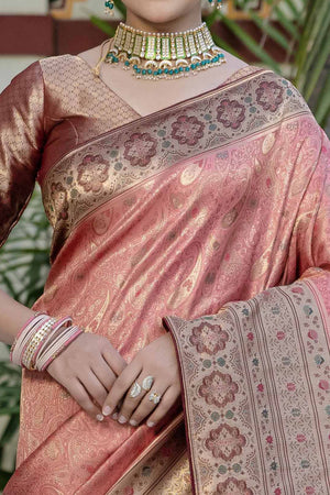 Gajari Pink Kanjivaram Silk Saree Showcasing Floral Meenakari Zari Weaving With Piping & Tassels