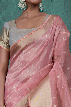 Baby Pink Ethnic Cotton Blend Saree with Shimmering Zari Butti Weaves