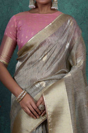 Taupe Grey Ethnic Cotton Blend Saree with Shimmering Zari Butti Weaves