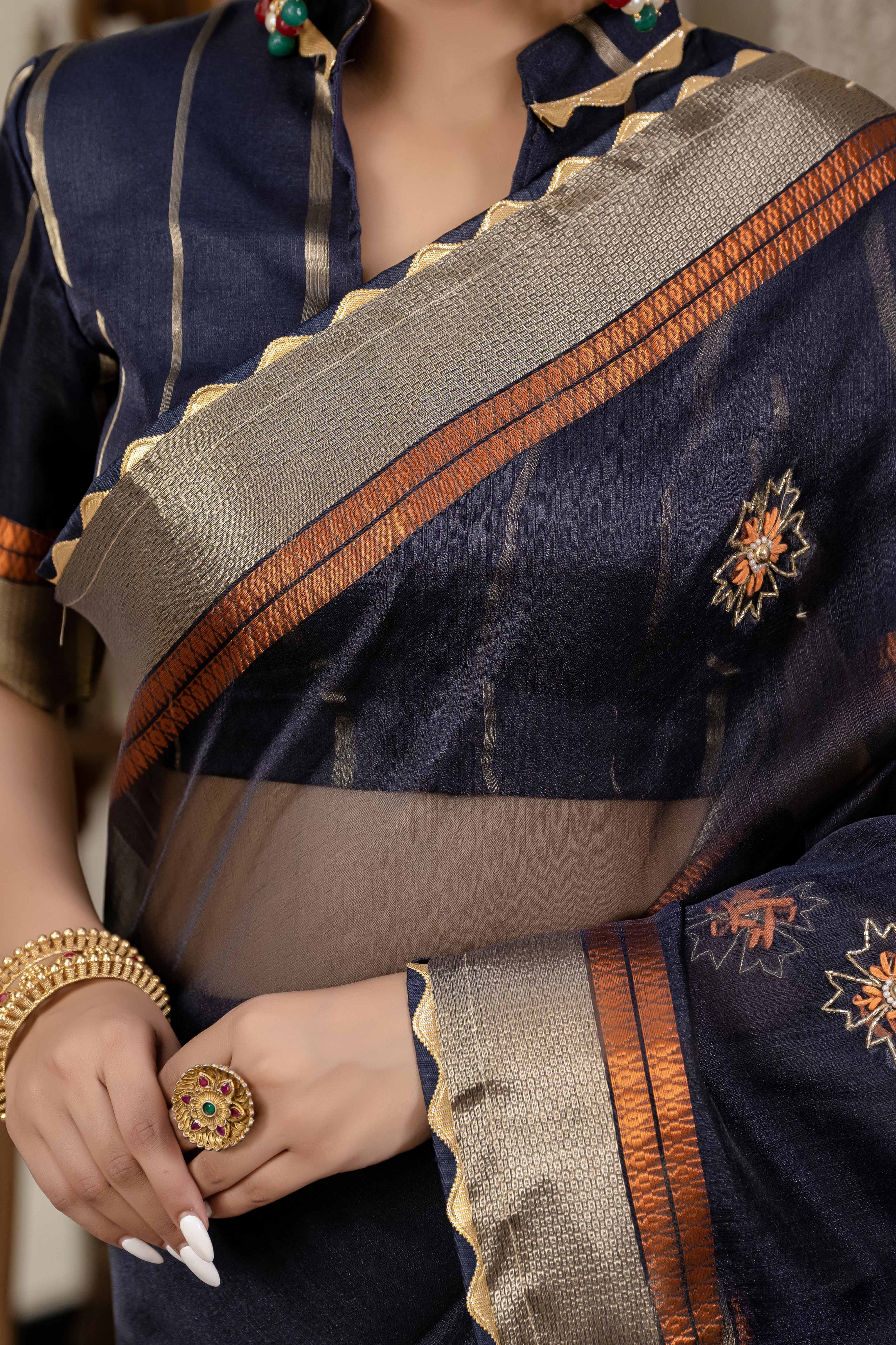 Black Floral Beads & Cutdana Handwork Kota Linen Saree With Zari Woven Pallu