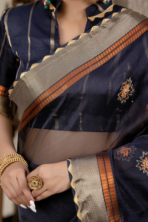 Black Floral Beads & Cutdana Handwork Kota Linen Saree With Zari Woven Pallu