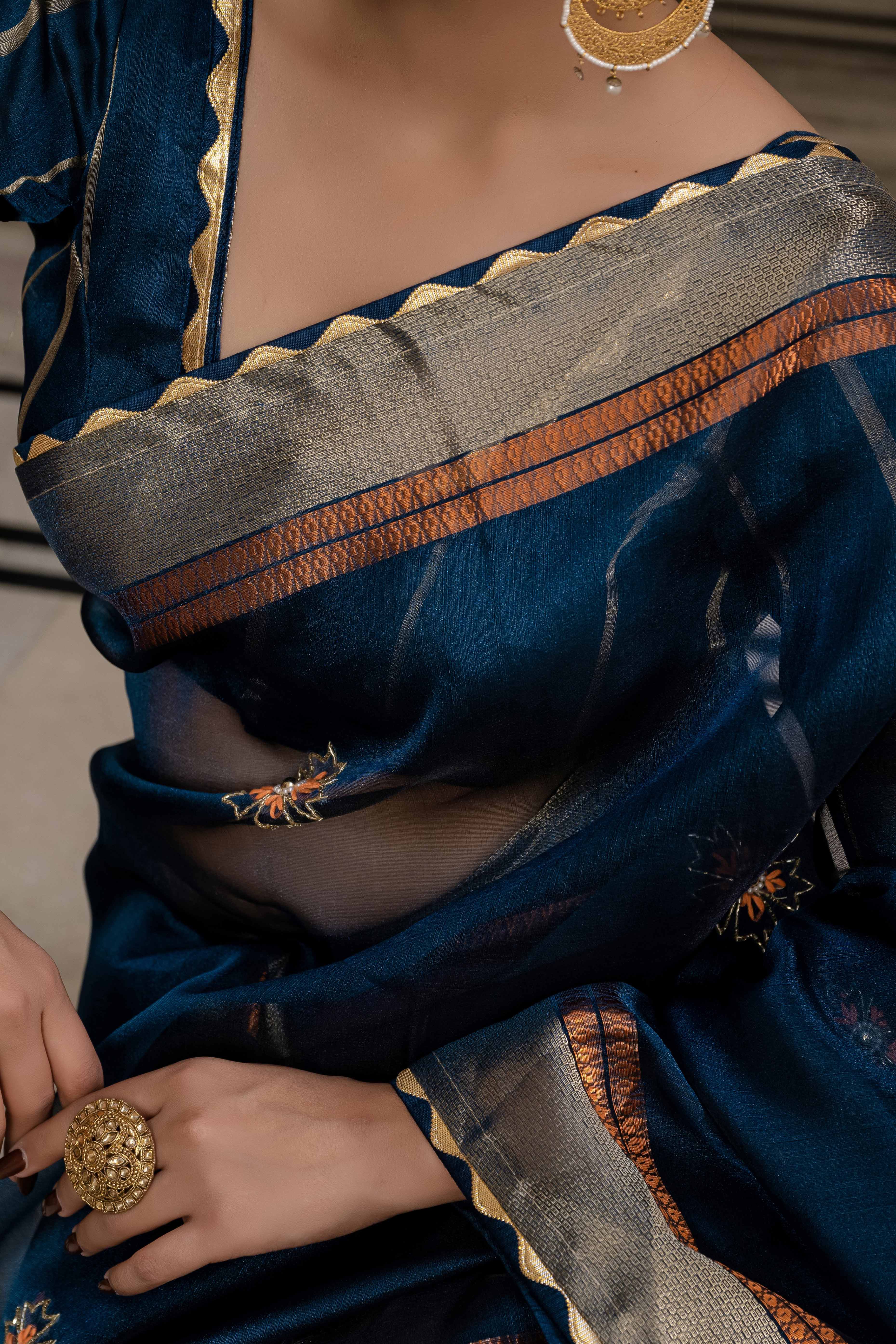 Blue Floral Beads & Cutdana Handwork Kota Linen Saree With Zari Woven Pallu