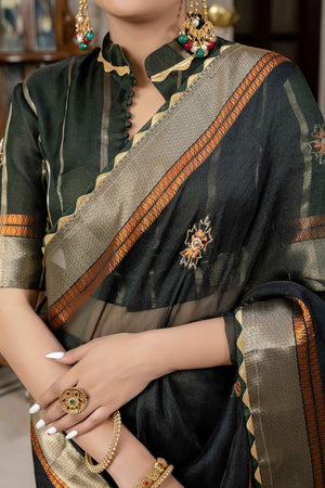 Bottle Green Floral Beads & Cutdana Handwork Kota Linen Saree With Zari Woven Pallu