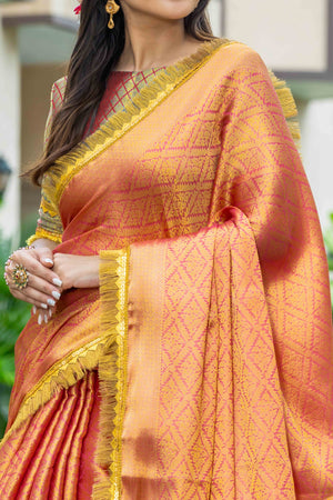 Orange Zari Weaving Mysore Brocade Silk Saree With Zari Border