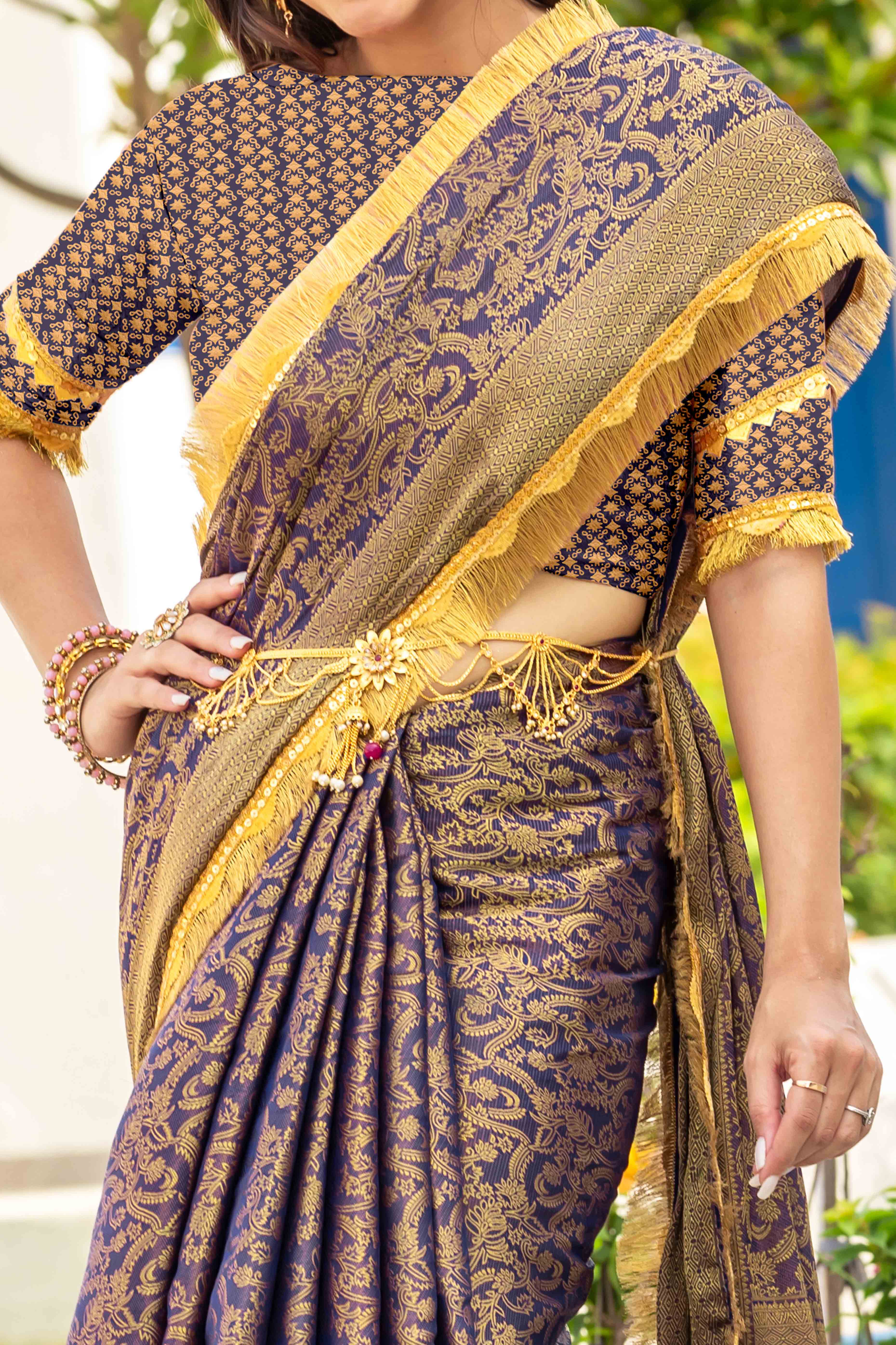 Blue Zari Weaving Mysore Brocade Silk Saree With Zari Border