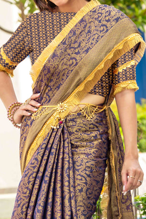 Blue Zari Weaving Mysore Brocade Silk Saree With Zari Border