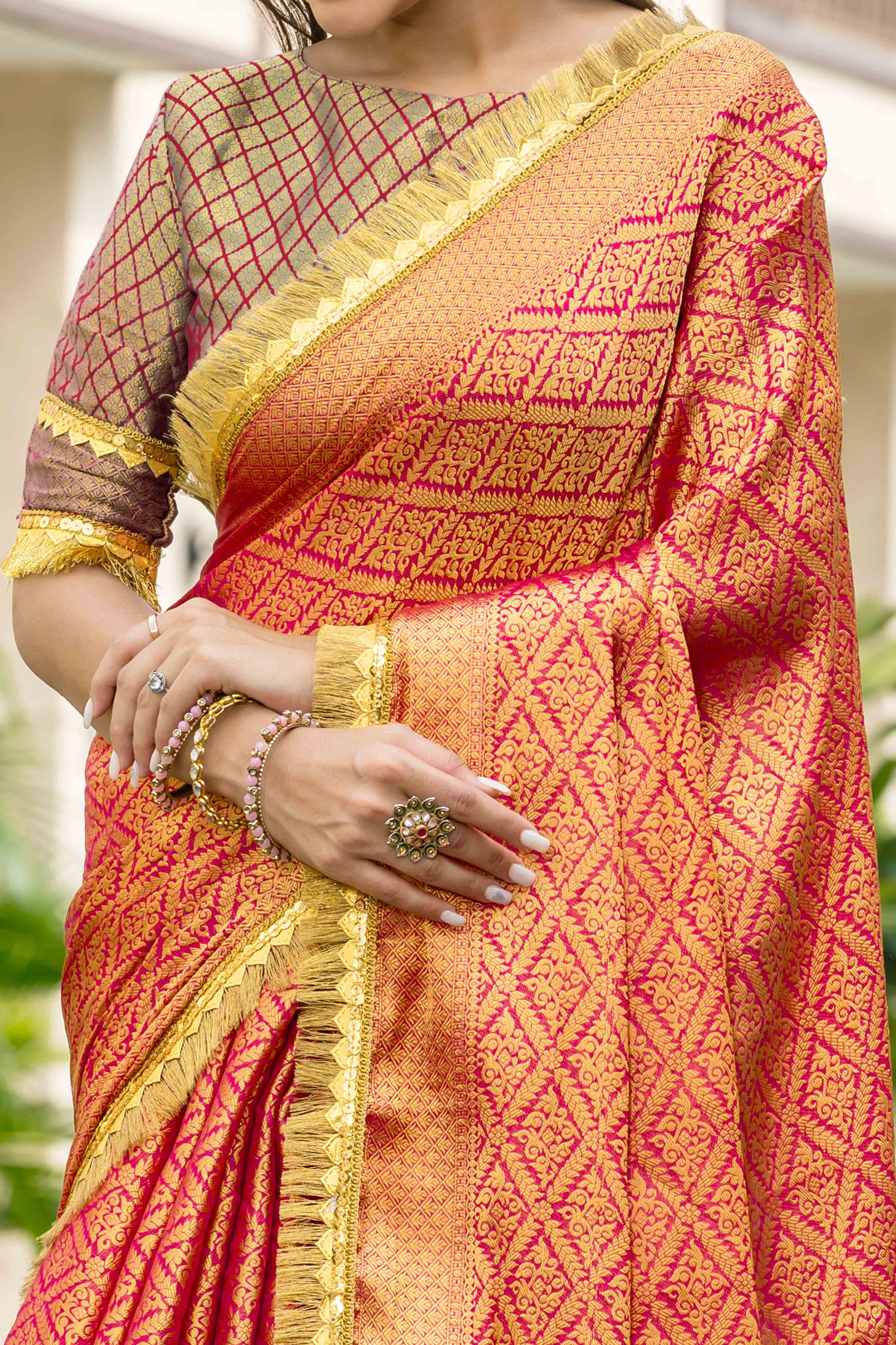 Pink Zari Weaving Mysore Brocade Silk Saree With Zari Border
