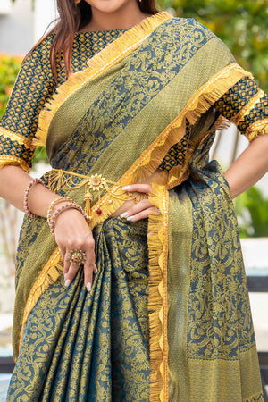Teal Zari Weaving Mysore Brocade Silk Saree With Zari Border
