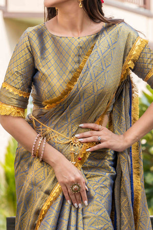 Grey Zari Weaving Mysore Brocade Silk Saree With Zari Border