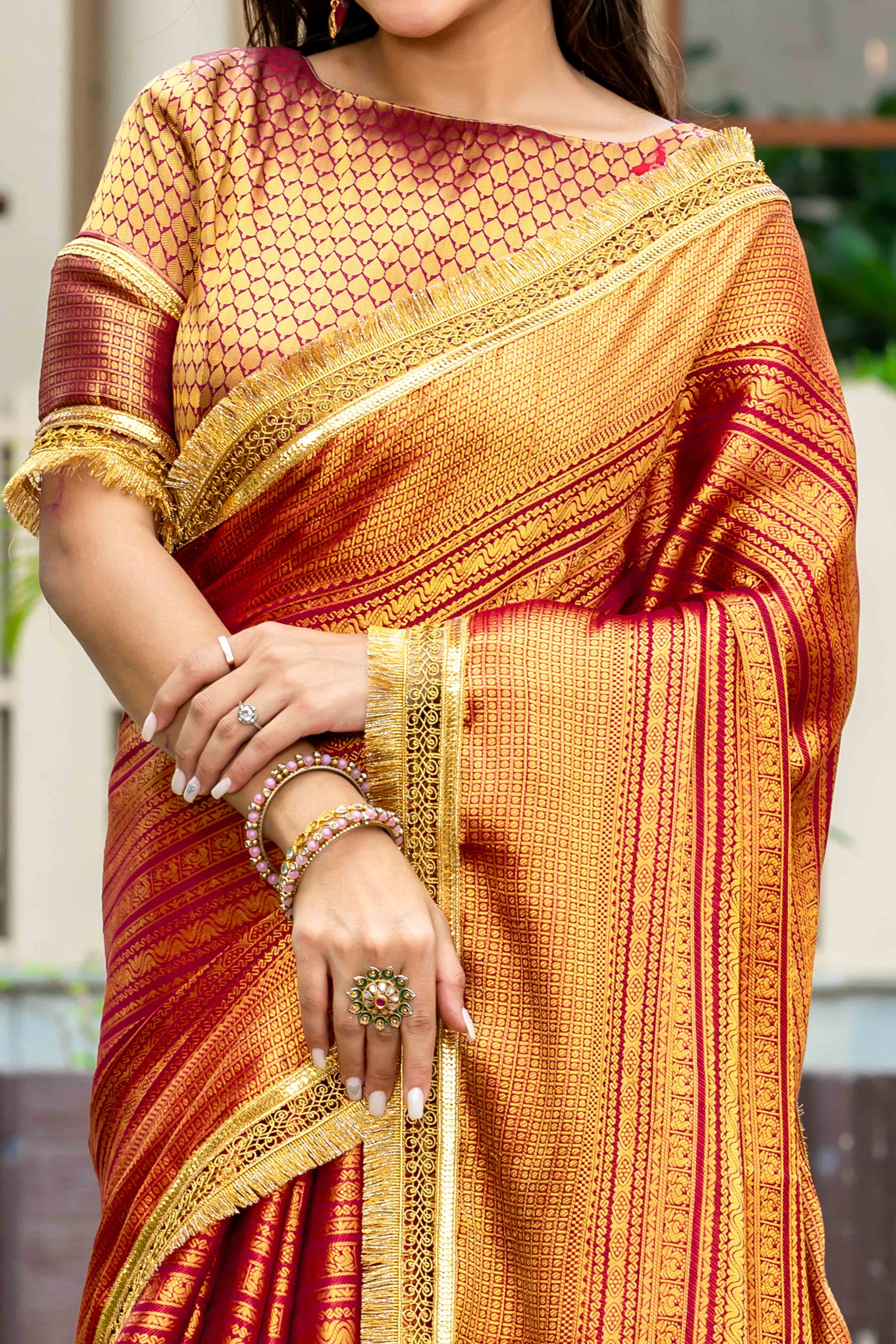 Red Zari Weaving Mysore Brocade Silk Saree With Zari Border