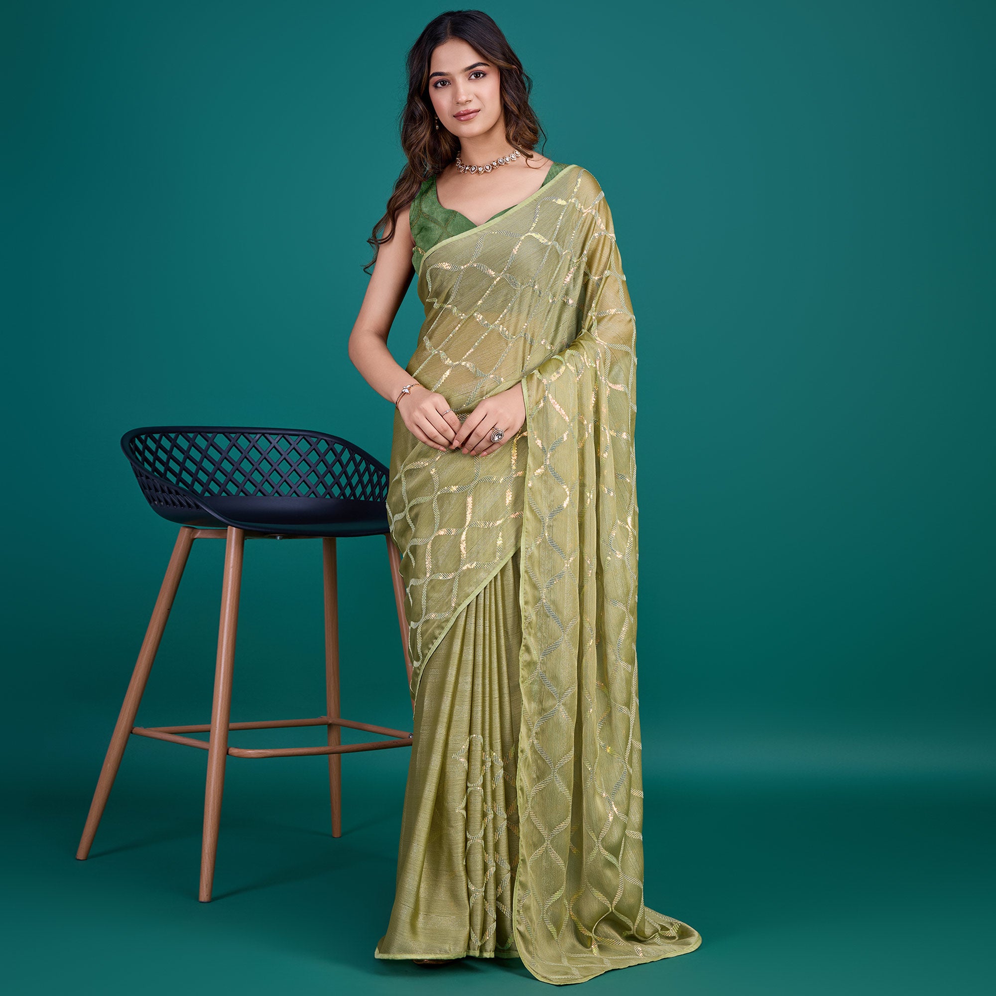 Green Sequins Embroidered Georgette Saree