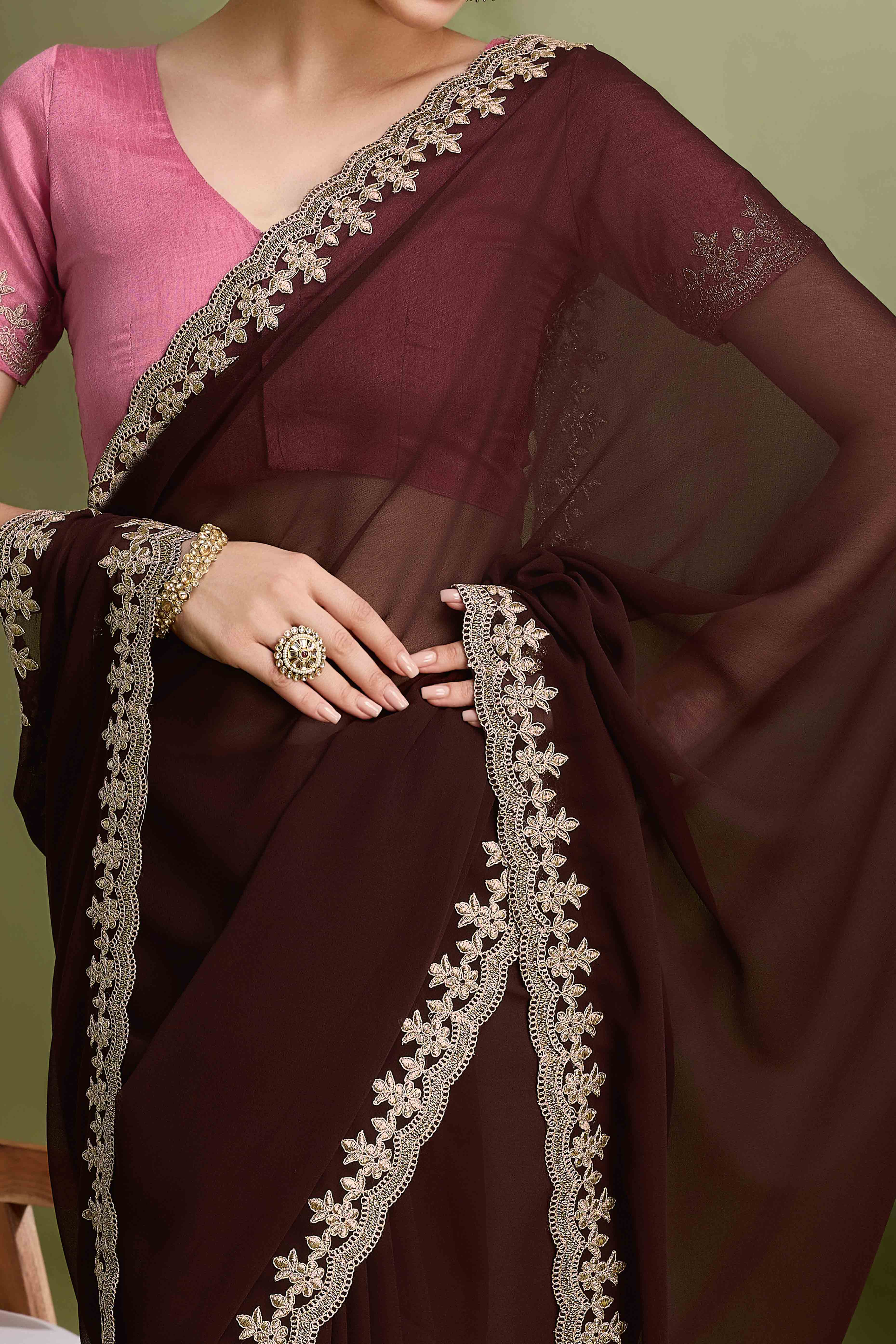 Brown Solid With Zari Embroidered Georgette Saree