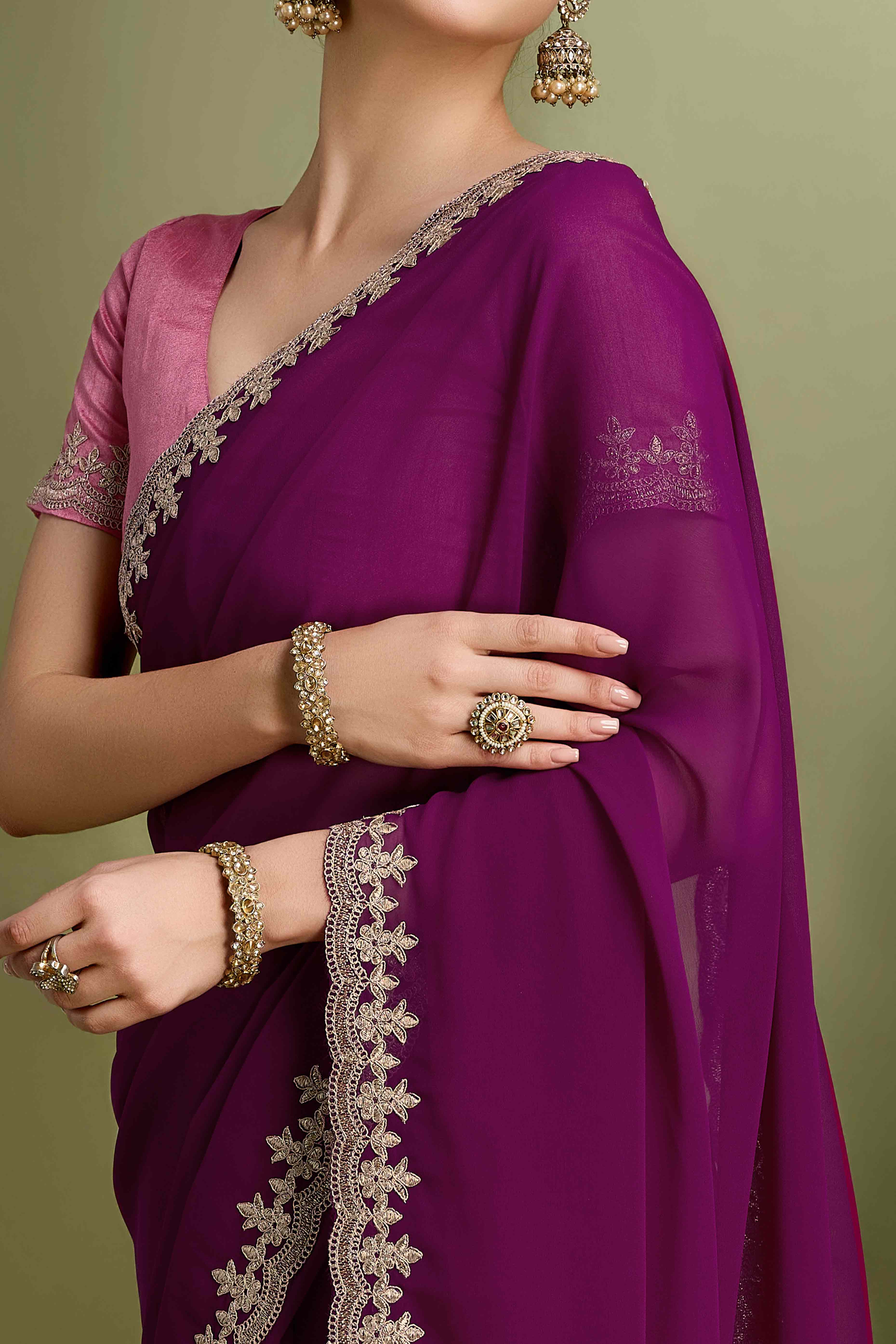 Purple Solid With Zari Embroidered Georgette Saree