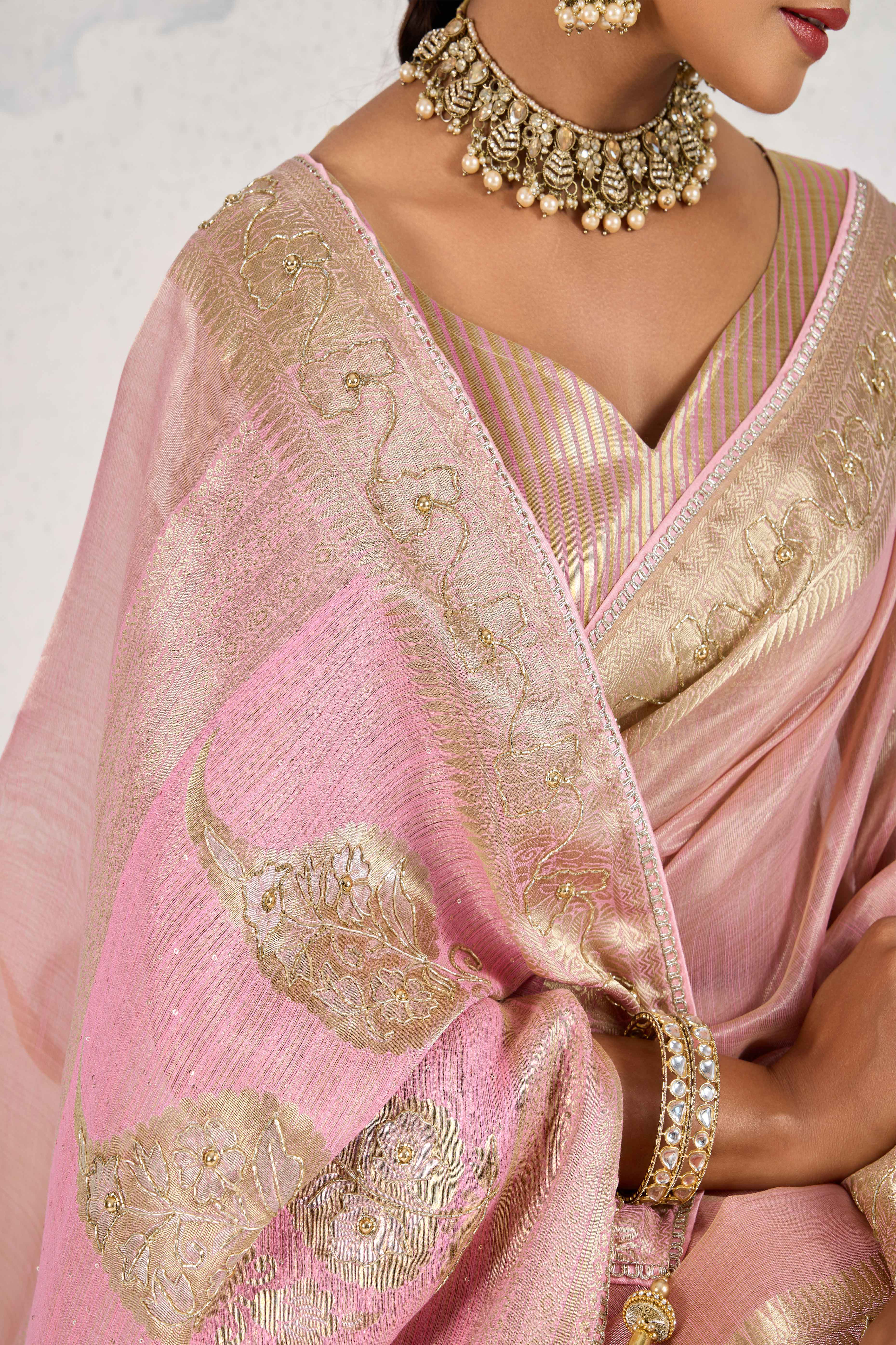Pink Tissue Linen Saree Adorned With Intricate Zardosi & Pearl Cutdana Hand Embroidery