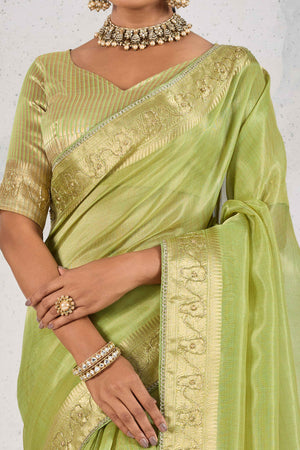 Green Tissue Linen Saree Adorned With Intricate Zardosi & Pearl Cutdana Hand Embroidery